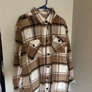 Brown and White Plaid Button-Up Shirt